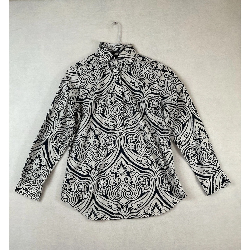 Lands End Shirt Womens 6 Blue White Paisley Long Sleeve Collar Half Front Button